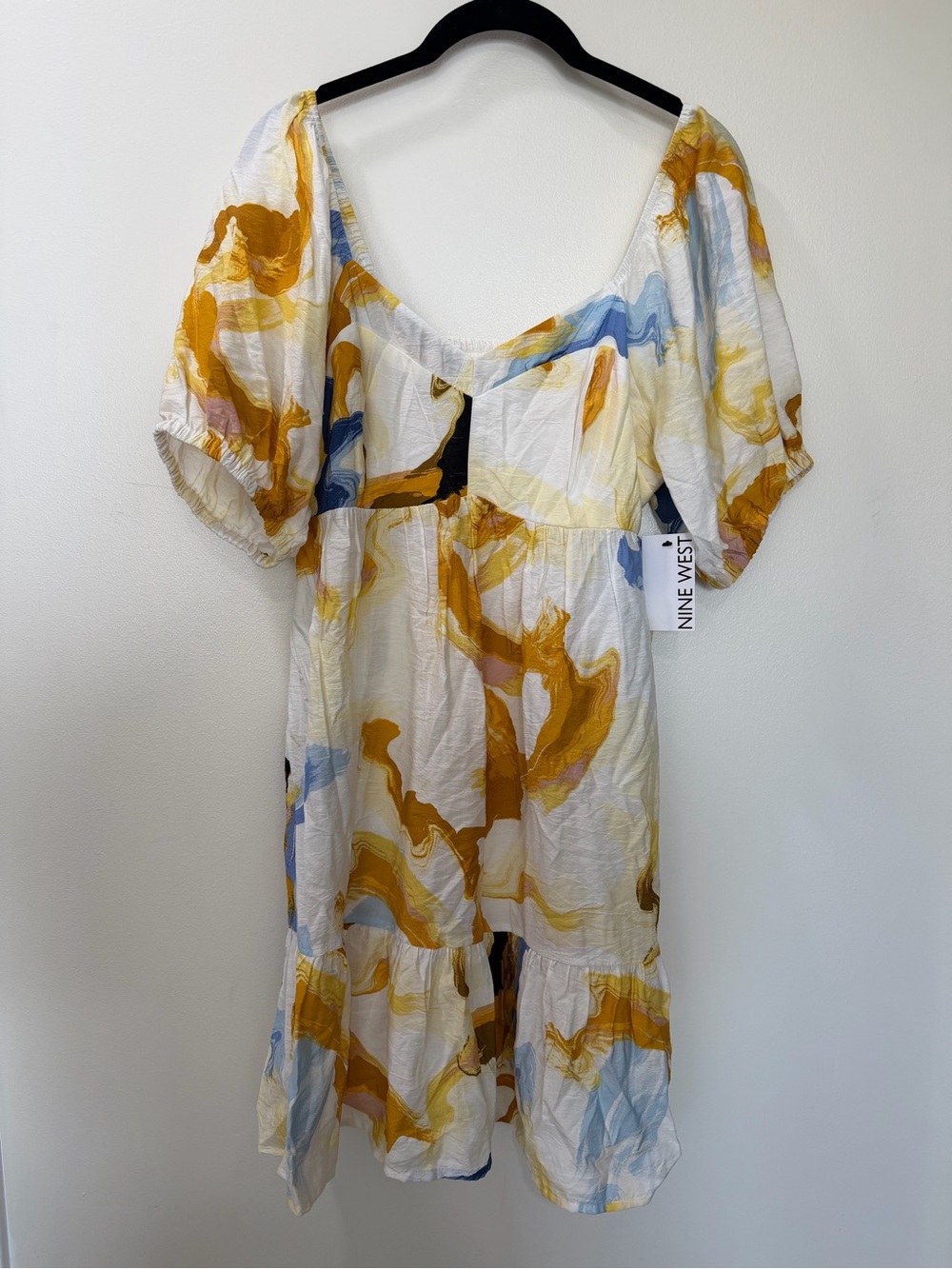 NWT Nine West Babydoll Colorful Abstract Smocked Puff Sleeve Dress